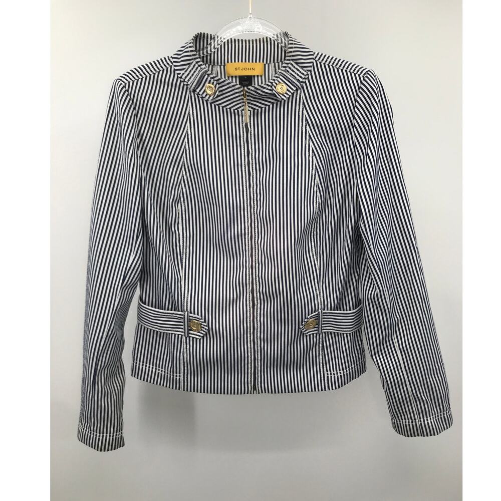 St. John Blue White Striped Stretch Zip Front Jacket M